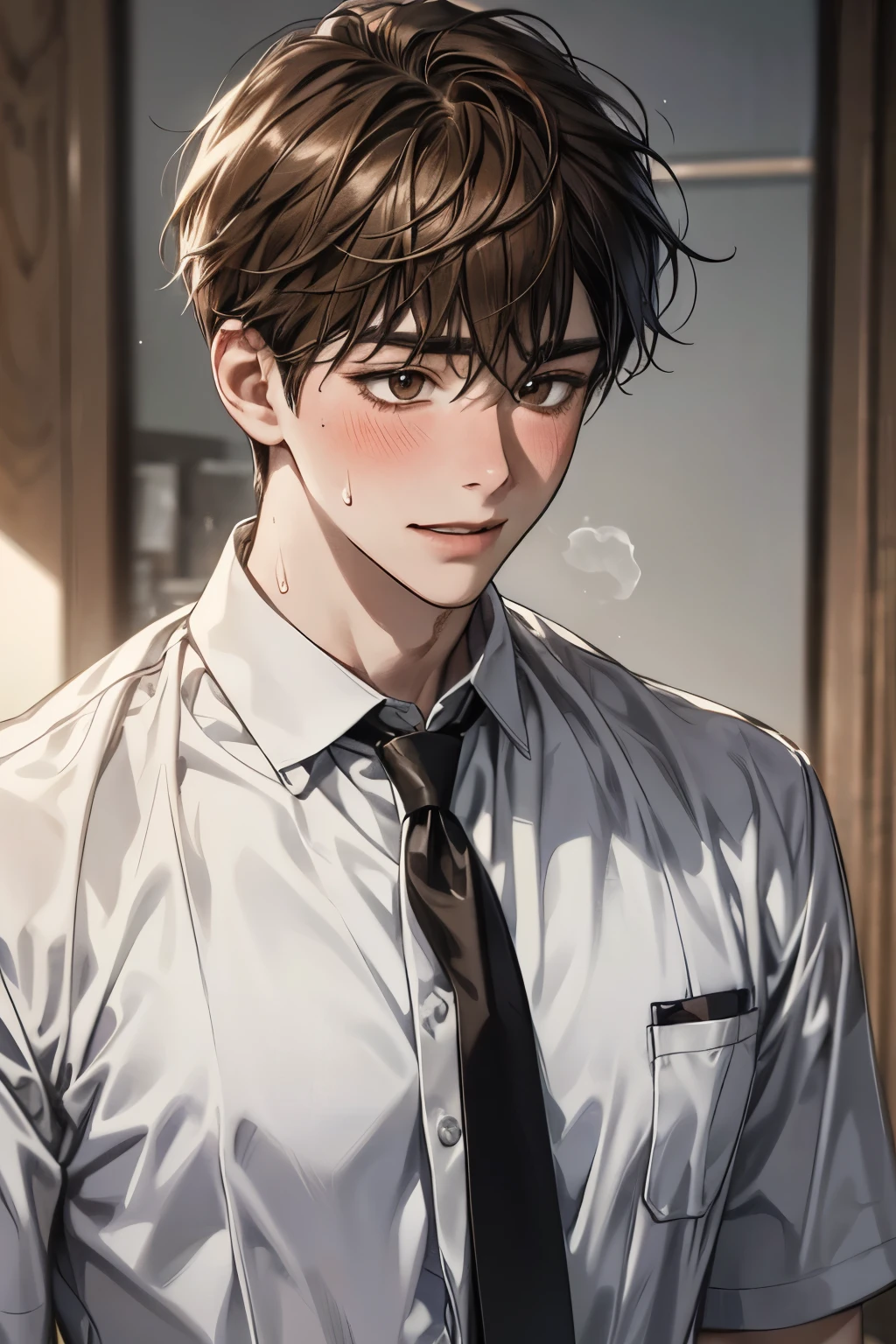 1male, modern school, smile with eyes, giggle, blush, sweats, sweating body, happy, brown hair, brown eyes,modern school uniform, neckties, highschool student, school background, japanese school, (masterpiece:1.21),(bestquality:1.21),8k,high detailed,ultra-detailed,photography,award winning,documentary,Original Photo,Realisticity,solo,physically-based rendering,depth of field,(low saturation:1.3),(1boy;1.4:1.1),a male,silm,Real Skin Texture,White Marble Glowing Skin,model,thick eyebrows,model(random_color_clothing:1.45),(random stylish pose action:1.1), (lookup view shot)