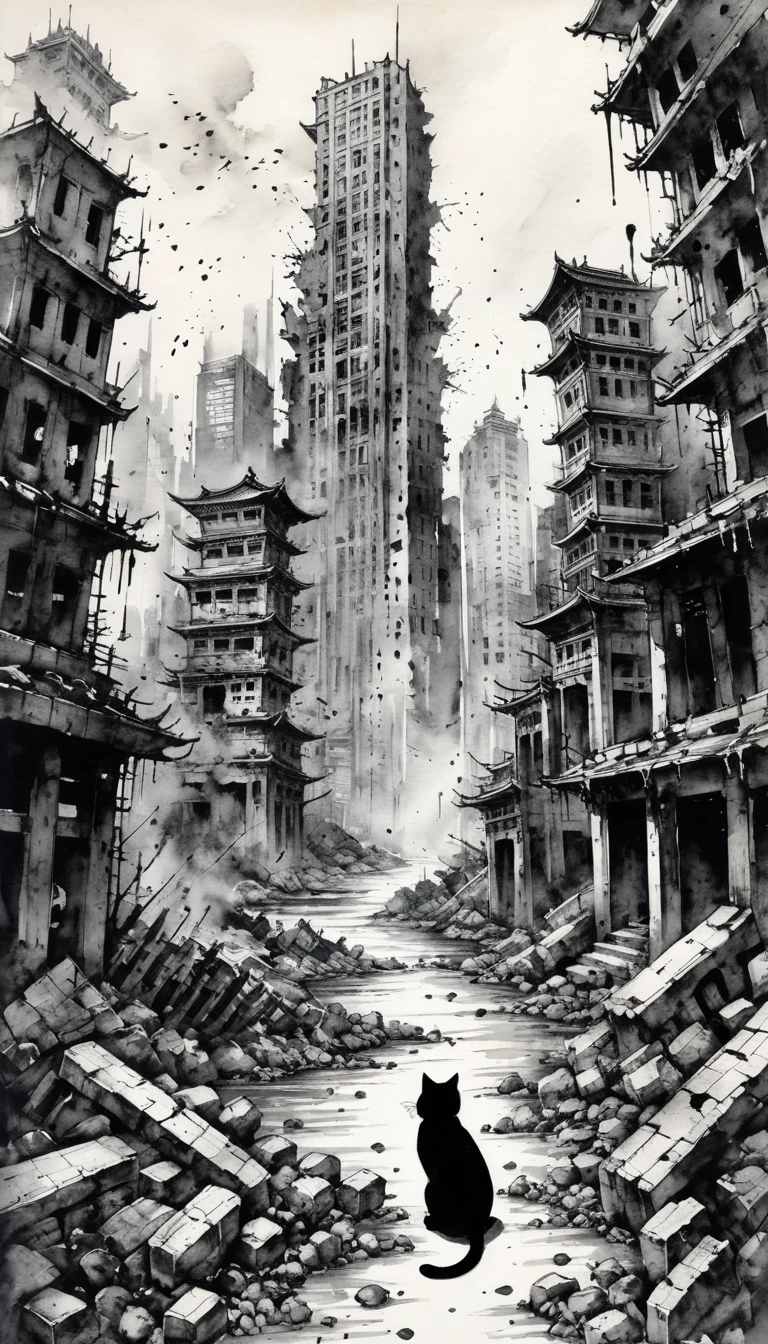 日本のInk Painting, Ink Painting, Ink Painting, 日本のInk Painting,  skyscrapers , Metropolis,  Cyberpunk ,cat, blue sky