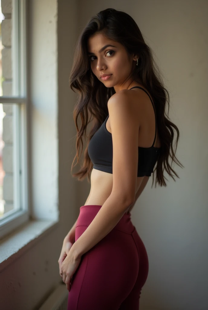1girl in, age 25, Square face, Long hair, Looking at Viewer, jewelry, Realistic, A sexy, Leggings outfits, multicolored outfits, Old staircase background, sleep pose