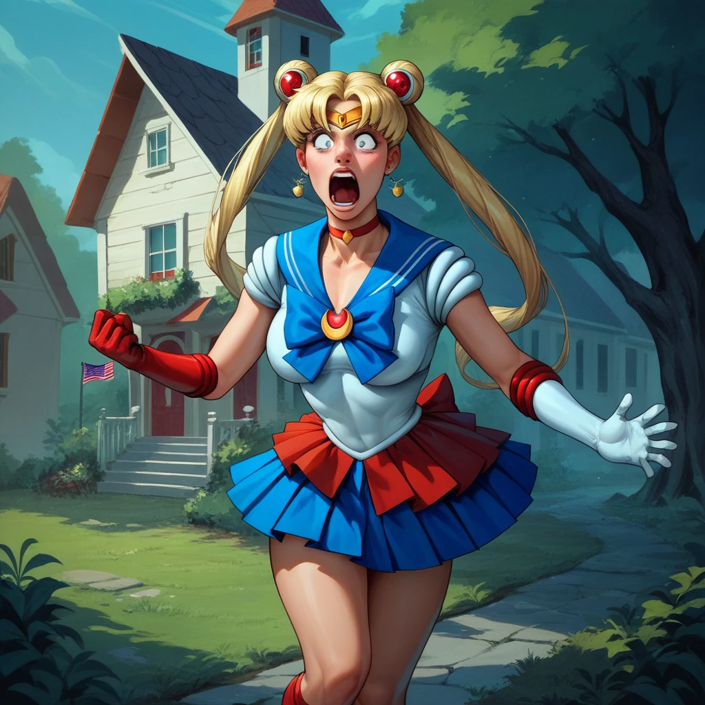 Donald trump does a magical girl transformation into Sailor Moon to save the American flag, shouting 'NAGA!', outside the white house