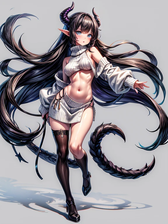 A succubus girl in a white sweater ,  backless sweater with side slits,  full body ,  long hair, Pointed ears,  black hair , blue eyes, tail