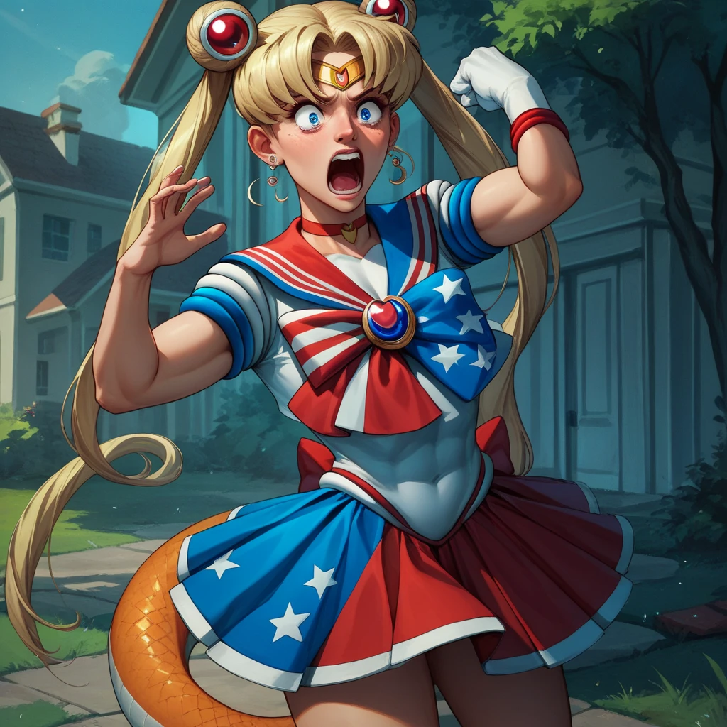 Donald trump does a magical girl transformation into Sailor Moon to save the American flag, shouting 'NAGA!', outside the white house
