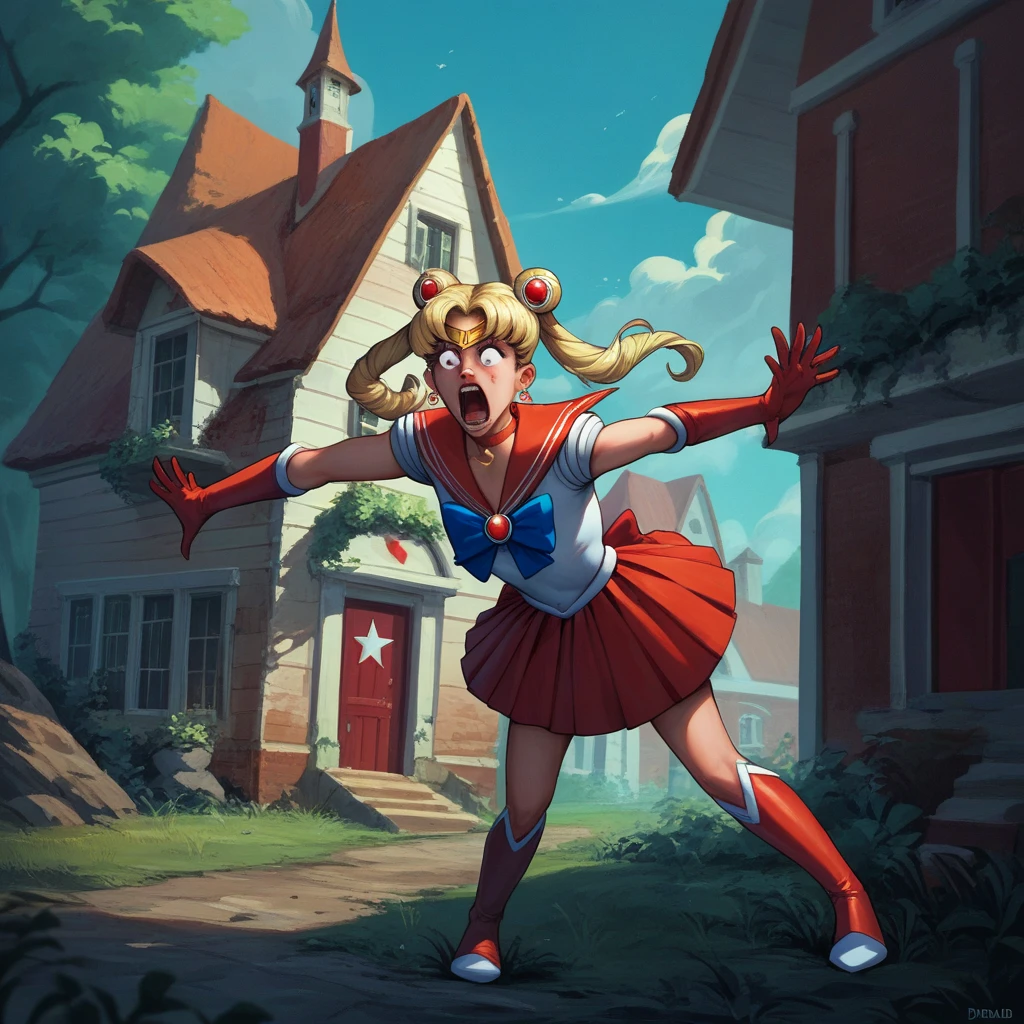 Donald trump does a magical girl transformation into Sailor Moon to save the American flag, shouting 'NAGA!', outside the white house
