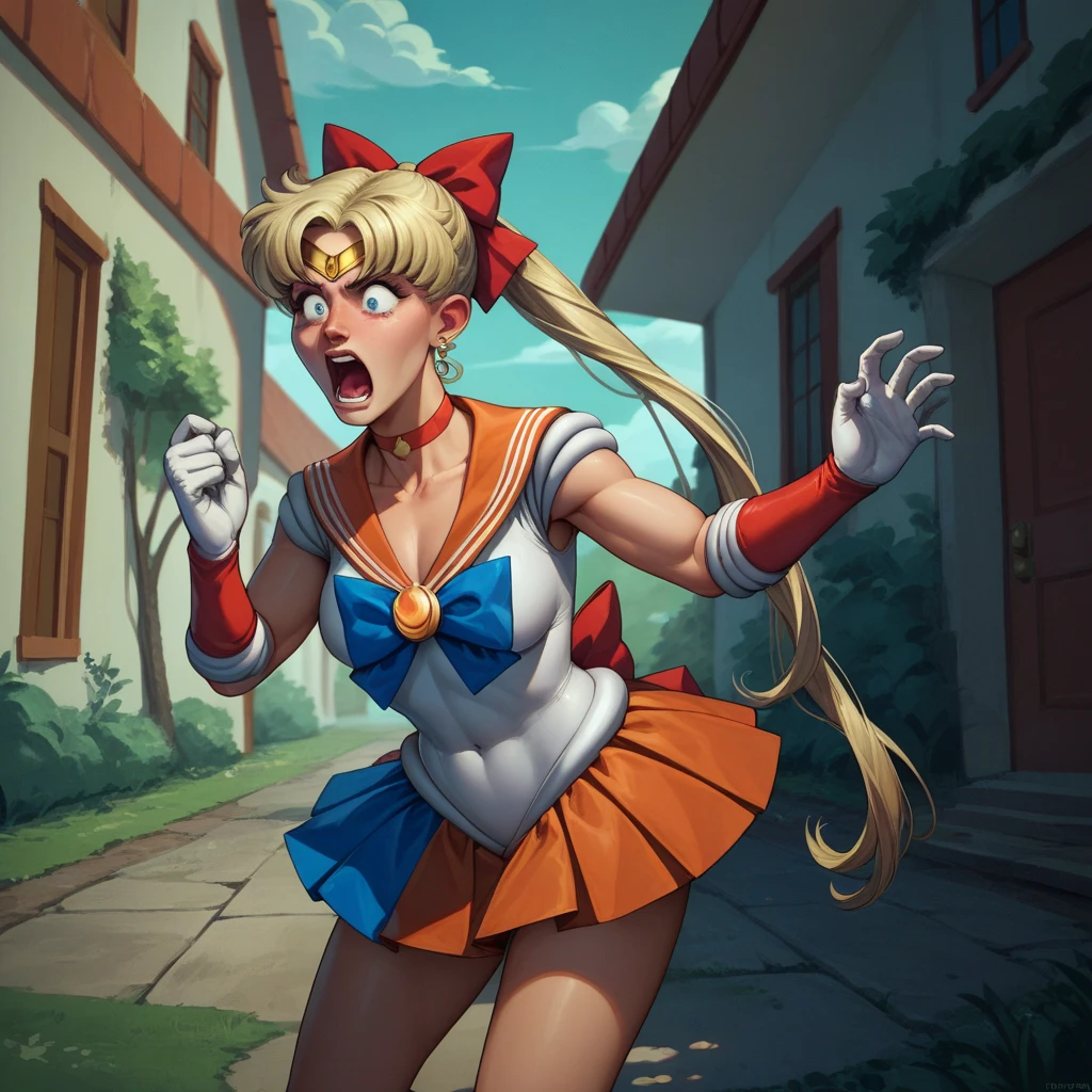 Donald trump does a magical girl transformation into Sailor Moon to save the American flag, shouting 'NAGA!', outside the white house
