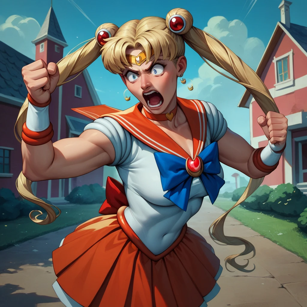 Donald trump does a magical girl transformation into Sailor Moon to save the American flag, shouting 'NAGA!', outside the white house
