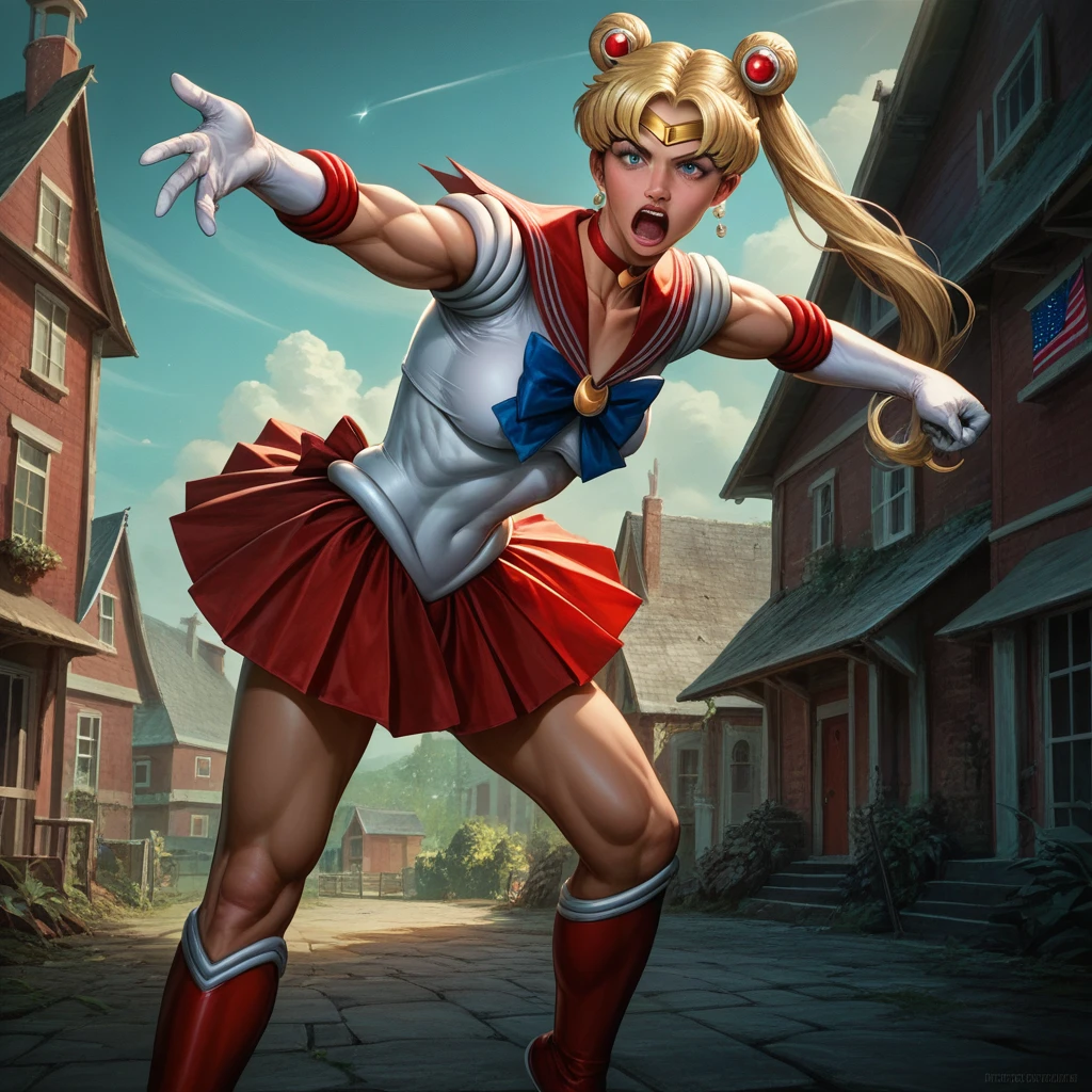 A muscular Donald Trump with blonde hair undergoing a magical girl transformation into Sailor Moon, dramatically saving the American flag while shouting "NAGA!" outside the White House, highly detailed, photorealistic, cinematic lighting, vibrant colors, dynamic action pose