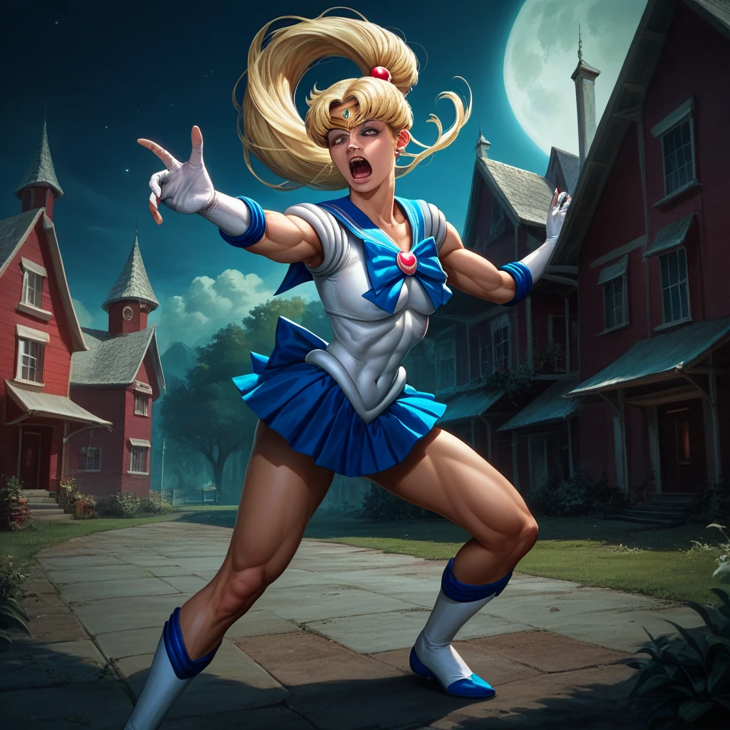 A muscular Donald Trump with blonde hair undergoing a magical girl transformation into Sailor Moon, dramatically saving the American flag while shouting "NAGA!" outside the White House, highly detailed, photorealistic, cinematic lighting, vibrant colors, dynamic action pose