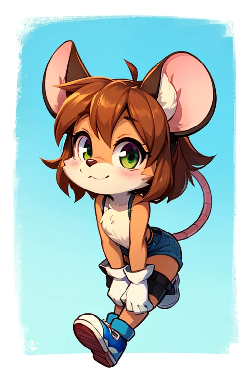 A cute ratgirl in patched overalls and large goggles, shirtless, sexy pose, round butt, little body
