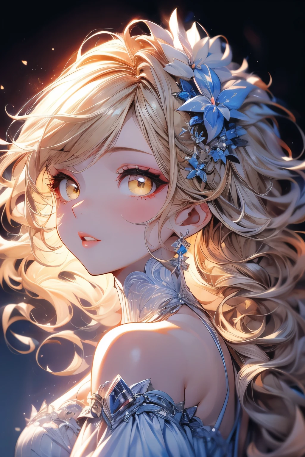 best quality, super fine, 16k, incredibly absurdres, extremely detailed, portrait, perfect beauty, professional lighting, beautiful yellow eyes, beautiful eyelashes, beautiful lips, detail lips, cute lips, blonde wavy hair, white Off-Shoulder Ribbed Top