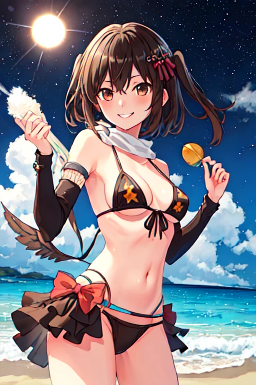  best quality, masterpiece,  Hi-Res, Alone, {  knight :1.10}, { starry sky :1.10},  beach ,  beautiful detailed sky , {  Extremely Detailed Background :1.20}, {Sendai _ kantaicolection :1.15}, { standing :1.10},  Viewers, {bikini:1.30}, Two_side_up, brown_eye, short_hair, brown_hair, hair_ t I , 前hair, smile, Seraph, , black_hair, hair_between_eye, light smile