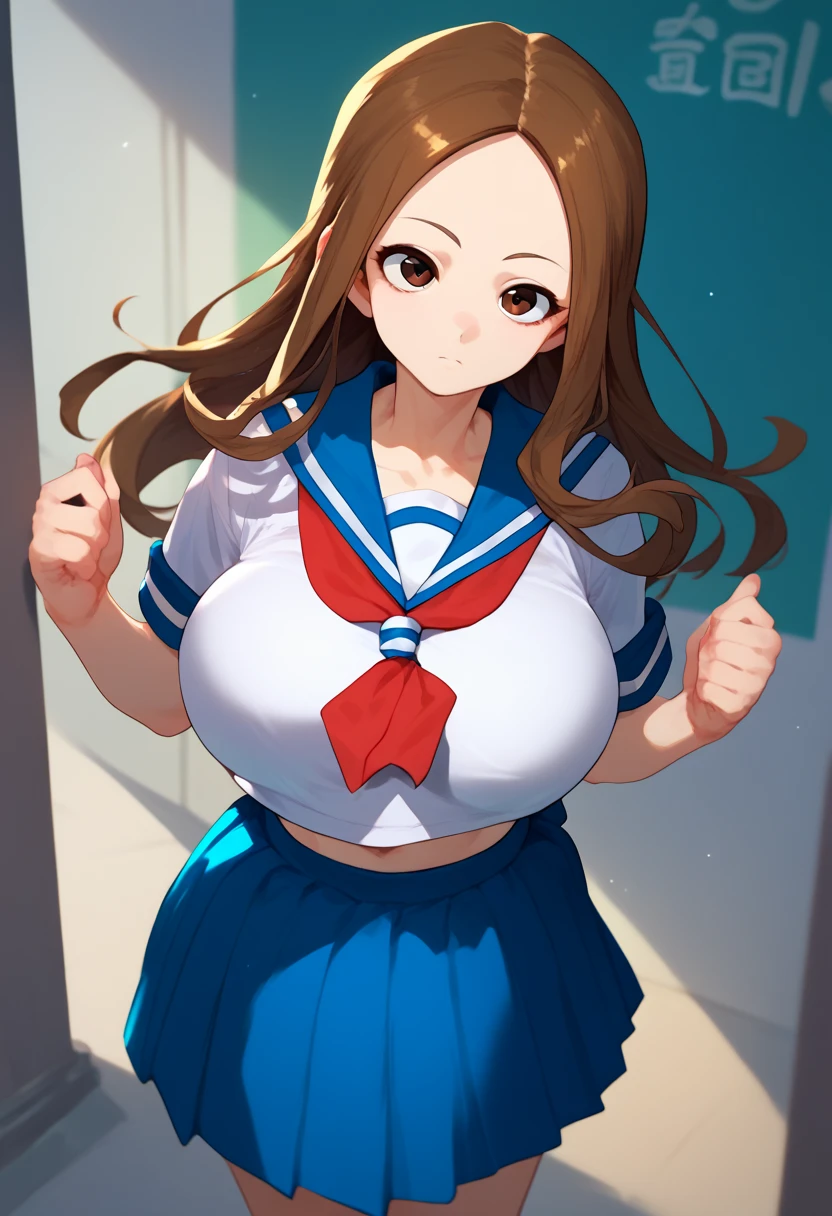 score_9, score_8_up, score_7_up, 1girl, solo,  Takagi, brown hair, brown eyes, long hair, white serafuku,  blue stripes, blue skirt, red necktie、huge breast