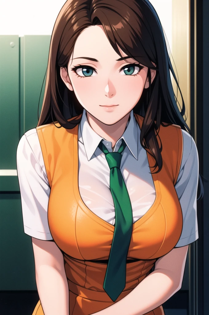 Wide angle picture, Simple Background,White Background,
jacket,orange vest, green necktie,uniform,collared shirt,
Brown eyes, Brown hair,bangs,Long hair, 
1 girl, 20yo,Young female,Beautiful long legs,Beautiful body,
Beautiful Nose,Beautiful character design, perfect eyes, perfect face,expressive eyes,perfect balance,
looking at viewer,(Focus on her face),closed mouth, (innocent_big_eyes:1.0),(Light_Smile:0.3),
official art,extremely detailed CG unity 8k wallpaper, perfect lighting,Colorful, Bright_Front_face_Lighting,White skin,
(masterpiece:1.0),(best_quality:1.0), ultra high res,4K,ultra-detailed,
photography, 8K, HDR, highres, absurdres:1.2, Kodak portra 400, film grain, blurry background, bokeh:1.2, lens flare, (vibrant_color:1.2),professional photograph,
(Beautiful, medium_Breasts:1.4), (beautiful_face:1.5),(narrow_waist),