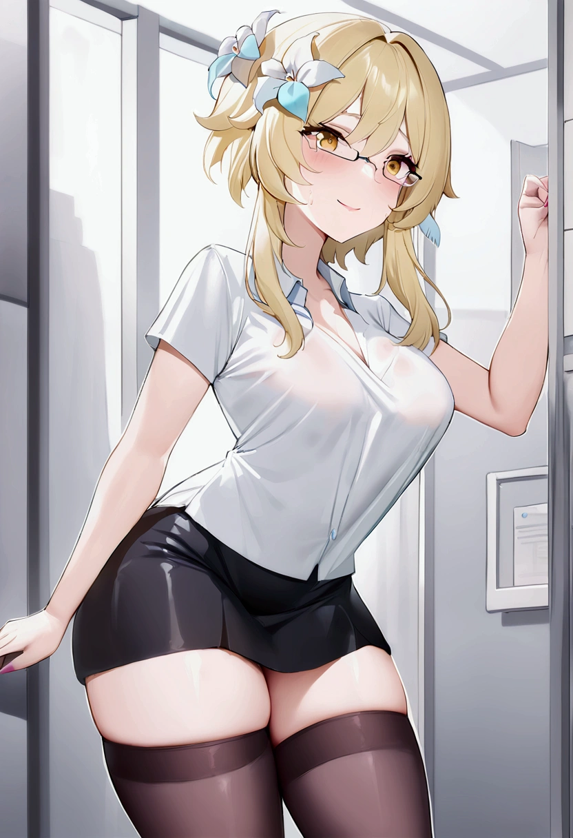 1woman, lumine, genshin impact, office uniform, glasses, Whiteware, leging ((blacj legwear, zettai ryouiki)), Blonde hair, pink lipsticks, hot Smile, Standing, sharp outline, Short sleeves, a mature female, Best Quality, masterpiece, infirmary, As naked chest shows, neppel, chest escaping, rain on face, sensuous pose, tit visible