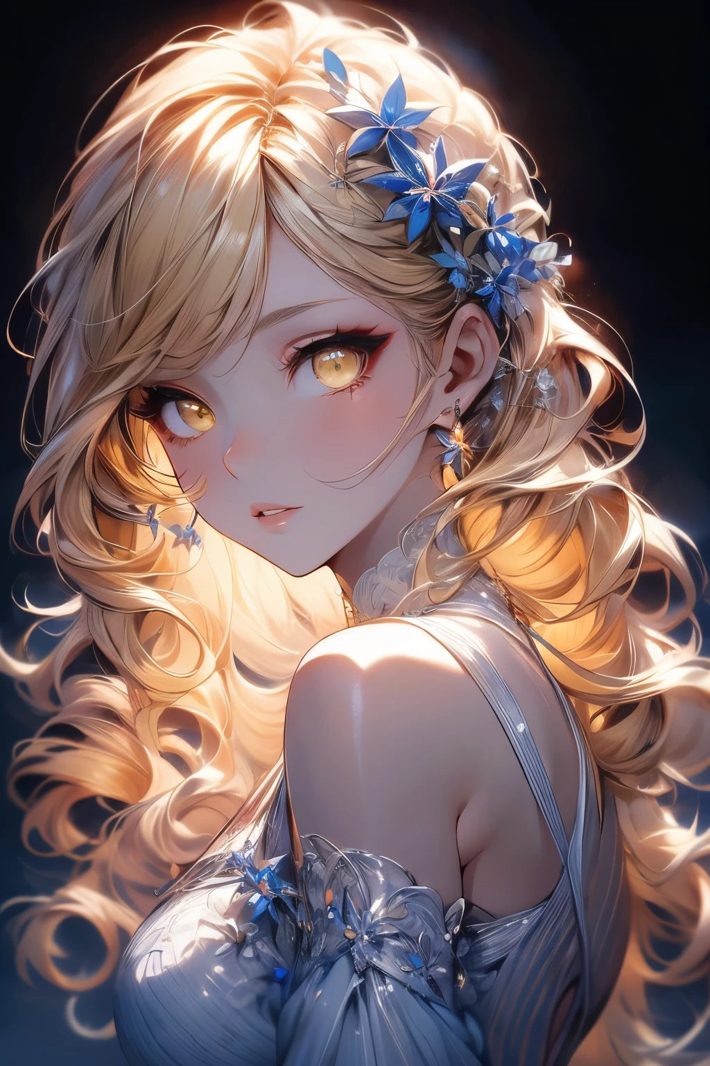 best quality, super fine, 16k, incredibly absurdres, extremely detailed, portrait, perfect beauty, professional lighting, beautiful yellow eyes, beautiful eyelashes, beautiful lips, detail lips, cute lips, blonde wavy hair, white Off-Shoulder Ribbed Top
