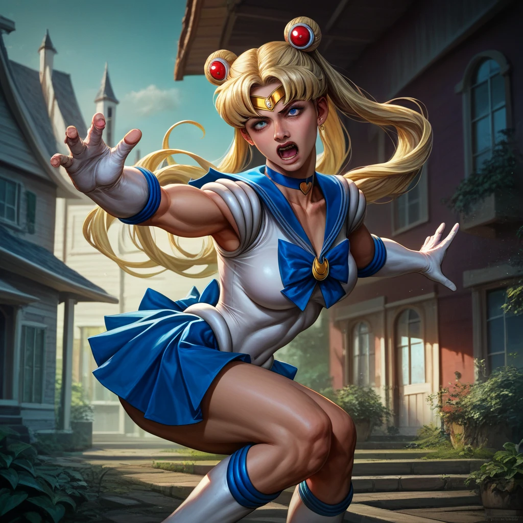 A muscular Donald Trump with blonde hair undergoing a magical girl transformation into Sailor Moon, dramatically saving the American flag while shouting "NAGA!" outside the White House, highly detailed, photorealistic, cinematic lighting, vibrant colors, dynamic action pose
