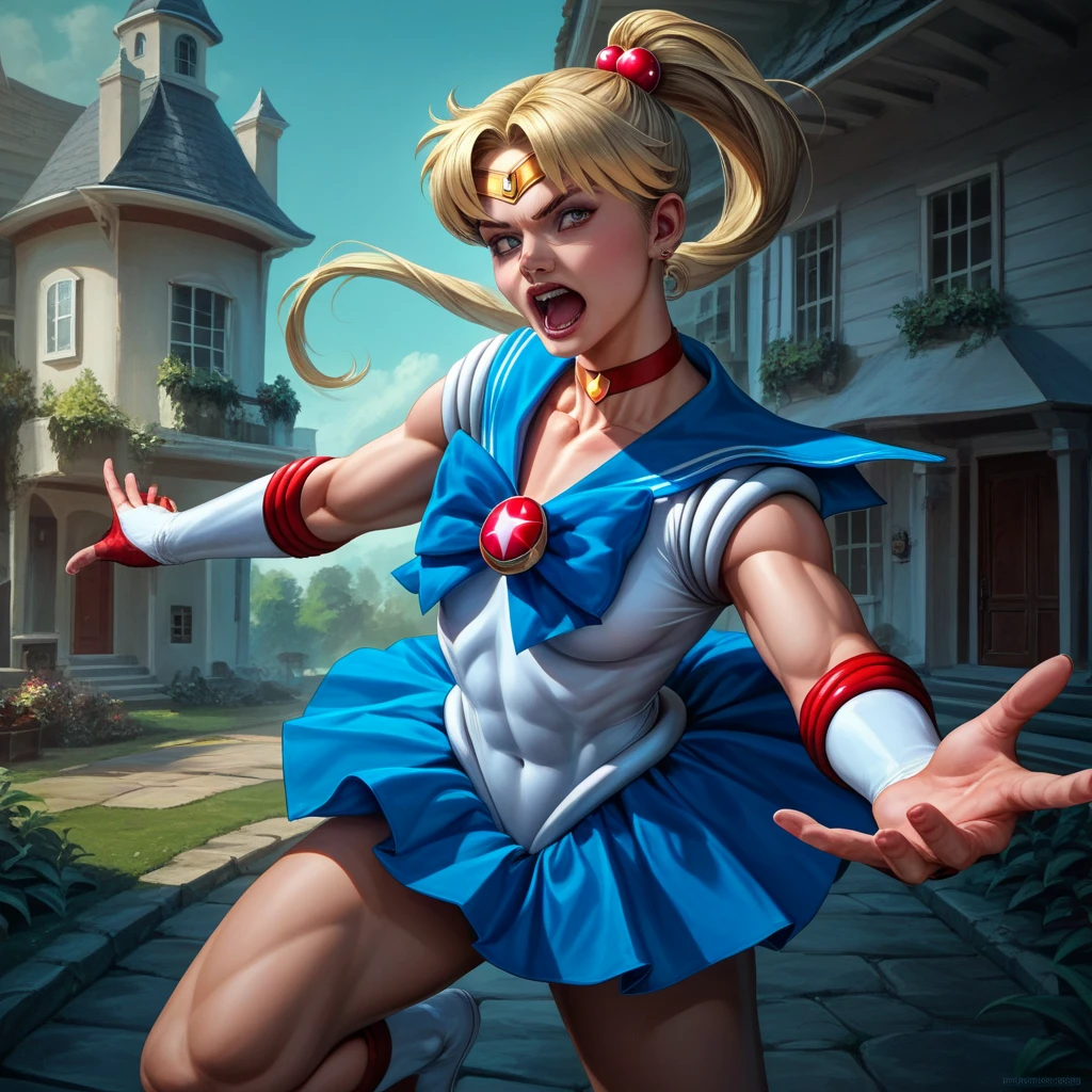 A muscular Donald Trump with blonde hair undergoing a magical girl transformation into Sailor Moon, dramatically saving the American flag while shouting "NAGA!" outside the White House, highly detailed, photorealistic, cinematic lighting, vibrant colors, dynamic action pose
