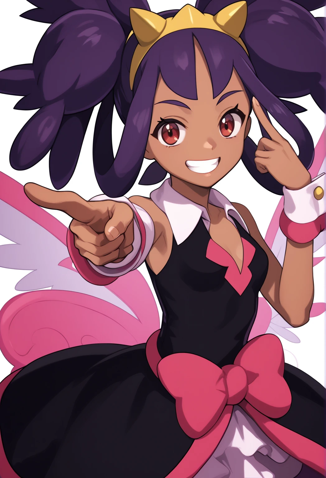 Best Quality, Masterpiece, ultra high resolution, iris \(pokemon\), purple hair, long hair, red eyes, dark skin, big hair,small breasts, anime screencap, cciris,fake horns,hairband,brown eyes,long hair,twintails,hair rings,bangs,dark skin,black dress,sleeveless,wrist cuffs,fake wings,skirt,black skirt,socks,black socks,shoes,(pink footwear:1.2), upper body focus, grin, teeth, pointing at viewer