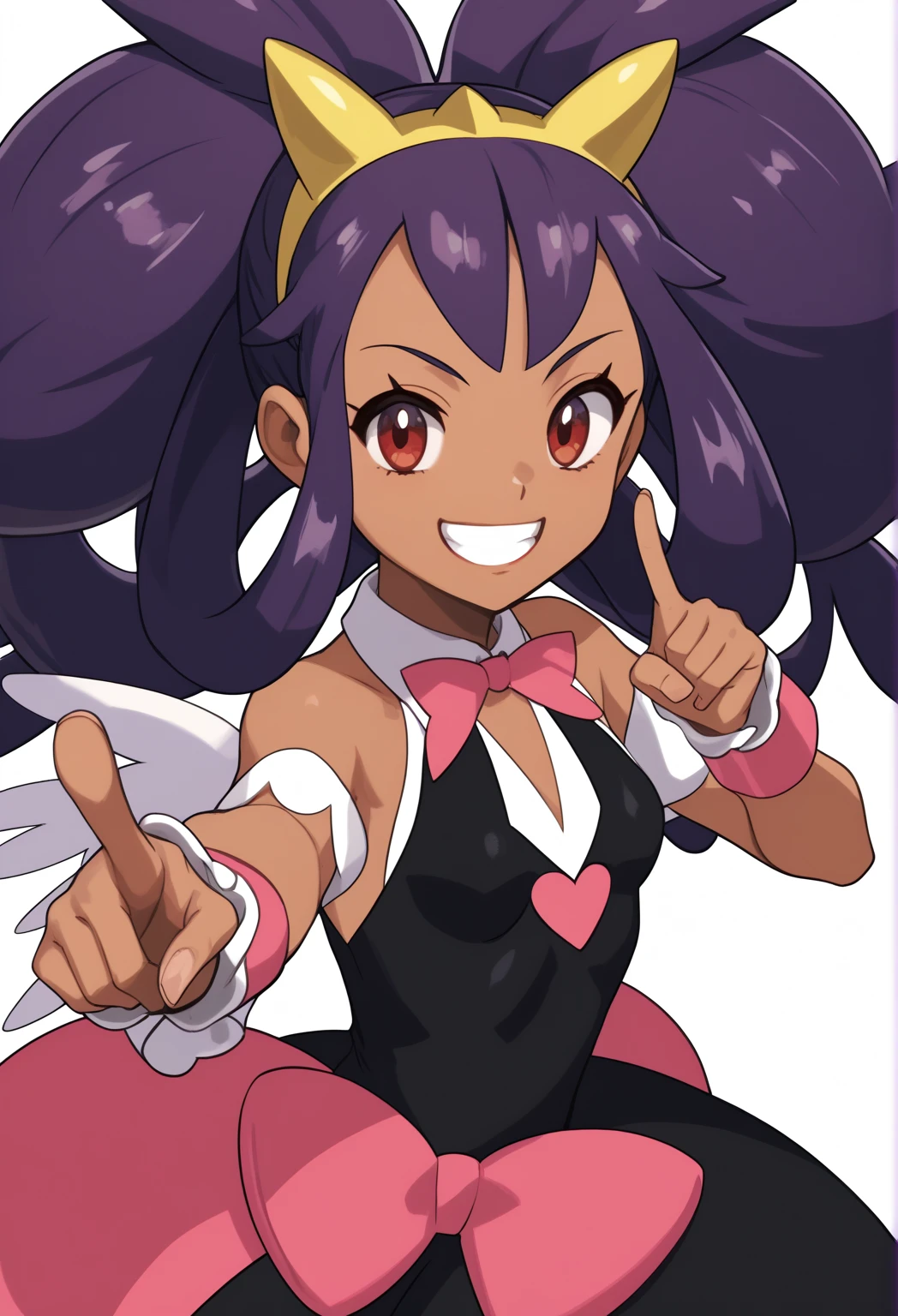 Best Quality, Masterpiece, ultra high resolution, iris \(pokemon\), purple hair, long hair, red eyes, dark skin, big hair,small breasts, anime screencap, cciris,fake horns,hairband,brown eyes,long hair,twintails,hair rings,bangs,dark skin,black dress,sleeveless,wrist cuffs,fake wings,skirt,black skirt,socks,black socks,shoes,(pink footwear:1.2), upper body focus, grin, teeth, pointing at viewer