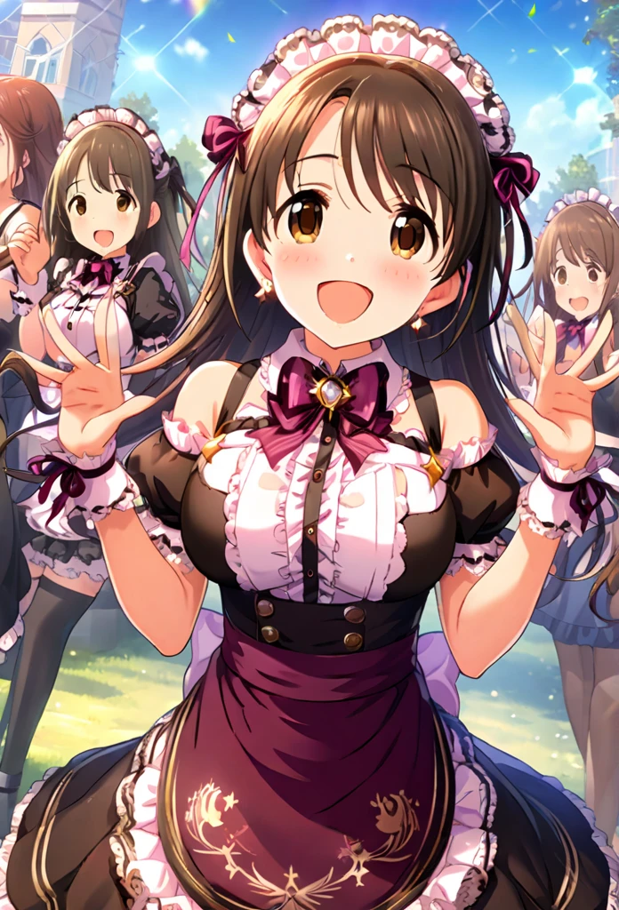 Shimamura Uzuki, ( best quality, 8k, masterpiece,  several people having fun with each other while having very detailed :1.2), ( lens flare , Particles of light, Shine), Big Breasts, smile,  open your mouth, masterpiece,  best quality,  several people having fun with each other while having very detailed ,  Hi-Res,  several people having fun with each other while having very detailed なCG, ( Official Art),  off-shoulder , Maid, ( embarrassed :1.1), (:1.2),  open your mouth, (shout:1.1), (Moving lines:1.1),   blue sky,  cowboy shooting