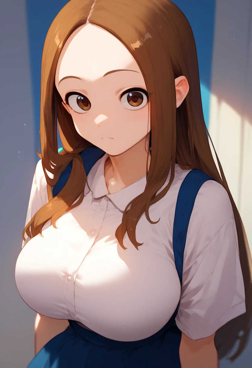 score_9, score_8_up, score_7_up, 1girl, solo,  Takagi, brown hair, brown eyes, long hair, white キャミソール,  ショートパンツ、huge breast