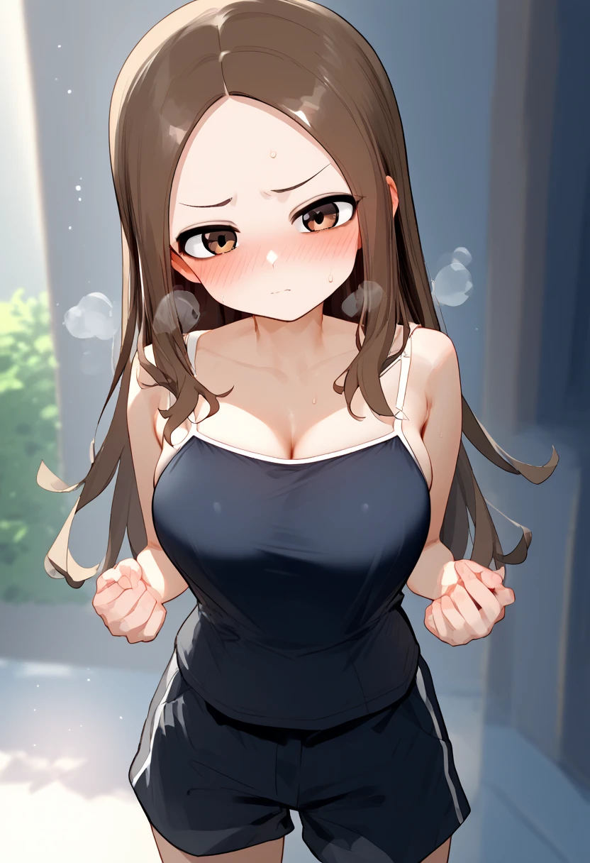 、blush、Sweat、In the heat、takagi-san、score_9, score_8_up, score_7_up, 1girl, Alone, Takagi, brown hair, brown eyes, long hair,  camisole 、 shorts、huge breast
、 short stature 、Short head、Loli Big Tits、
{Highest quality}, {so beautiful}, {Very detailed}, {Best illustrations},Life、slim:1.5、Are standing、