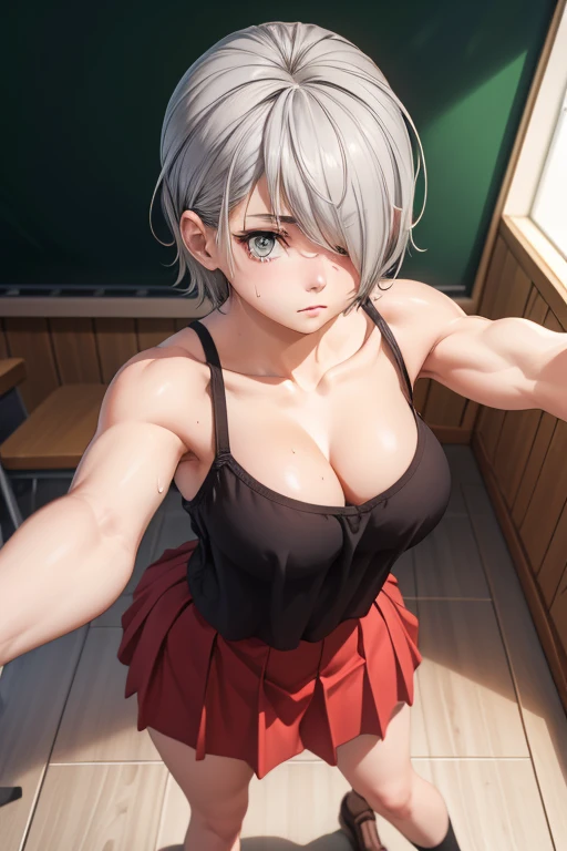 masterpiece,best quality,high resolution,8k,ultra HD,wallpaper,illustration,perfect face,cowboy shot,beautiful detailed eyes,extremely detailed face,perfect lighting,extremely detailed CG,perfect anatomy,perfect body,perfect thick,perfect hands,perfect fingers,1woman,full body,,muscle fighter body,(silver short bob hair),silver eyes,large breasts,Medium ass,,(white school Y-shirt),red skirt,clothed,collarbone,looking at viewer,(),steam,sweat,(Why the Hell are You Here, Teacher character Chizuru Tachibana),