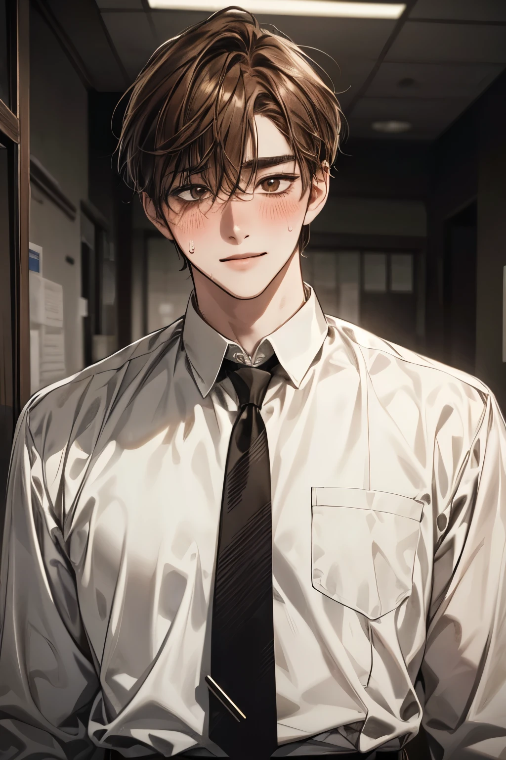 1male, modern school, smile with eyes, giggle, blush, sweats, sweating body, happy, brown hair, brown eyes,modern school uniform, neckties, highschool student, school background, japanese school, (masterpiece:1.21),(bestquality:1.21),8k,high detailed,ultra-detailed,photography,award winning,documentary,Original Photo,Realisticity,solo,physically-based rendering,depth of field,(low saturation:1.3),(1boy;1.4:1.1),a male,silm,Real Skin Texture,White Marble Glowing Skin,model,thick eyebrows,model(random_color_clothing:1.45),(random stylish pose action:1.1), (lookup view shot)