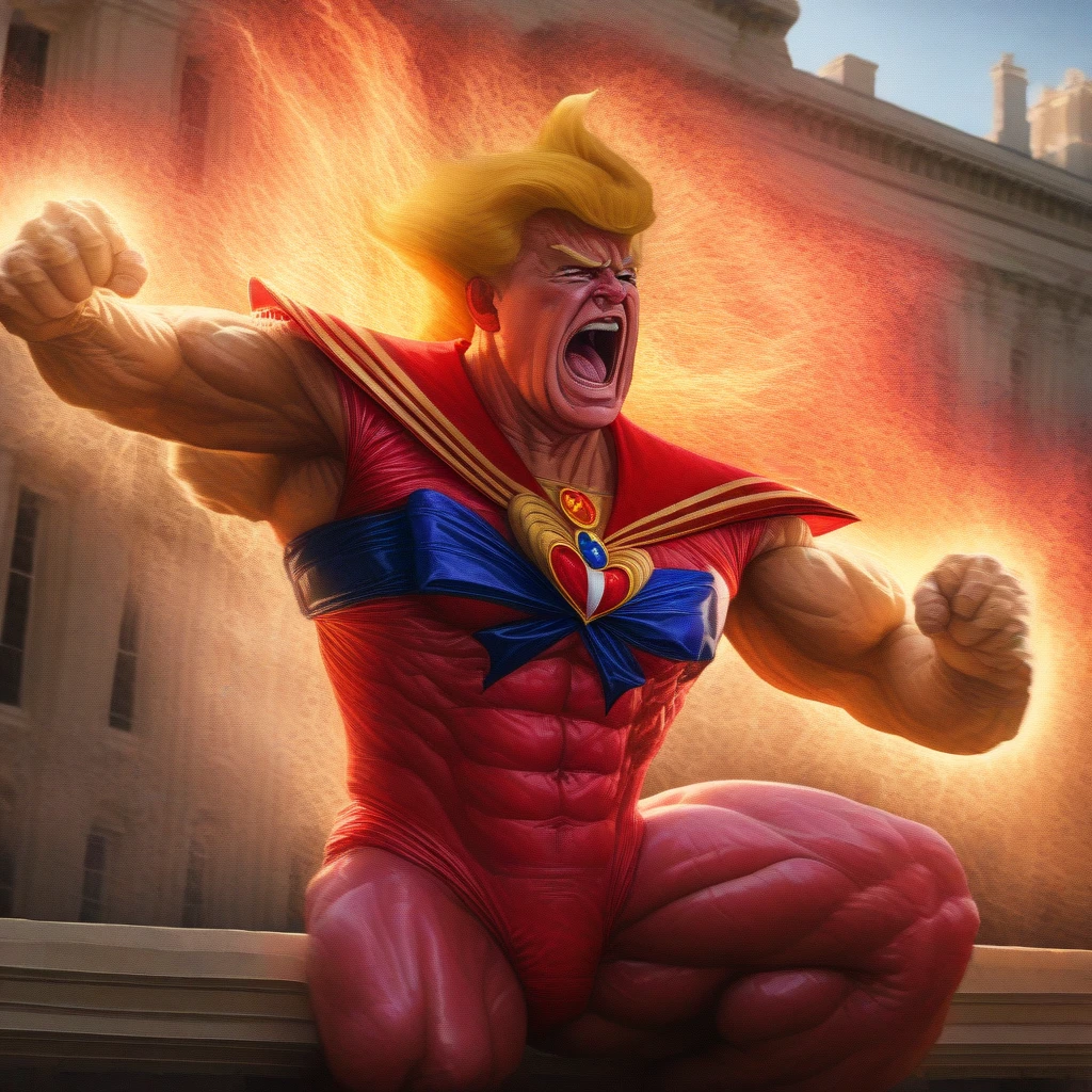 A muscular Donald Trump with blonde hair undergoing a magical girl transformation into Sailor Moon, dramatically saving the American flag while shouting "MAGA!" outside the White House, highly detailed, photorealistic, cinematic lighting, vibrant colors, dynamic action pose
