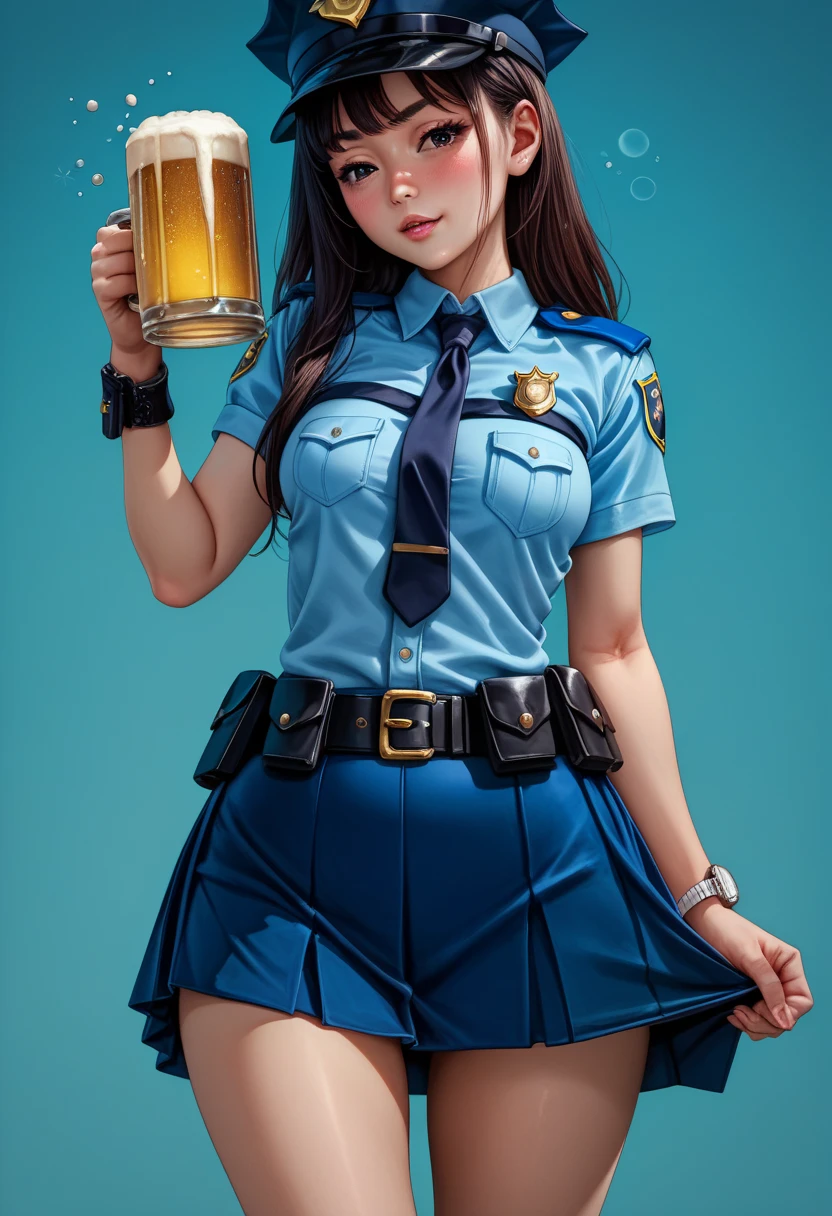   high resolution images,  best quality , ( a beautiful Korean girl１Please describe a person ), Half-crying face , Real Skin,  Delicate Body Touching Tears , small breasts,  shiny hair , Super Detailed Black Eye  ,  simple background,(( Equipped Police Belt )),((Watch on wrist)),  crosses legs,  standing ,((  cowboy shots :1.5)),24K,((Holding a beer:1.0)),((Drunk:1.2)),((  super mini skirt  :1.5)),((Super mini short sleeve police shirt )),腿部を露出する Equipped Police Belt 