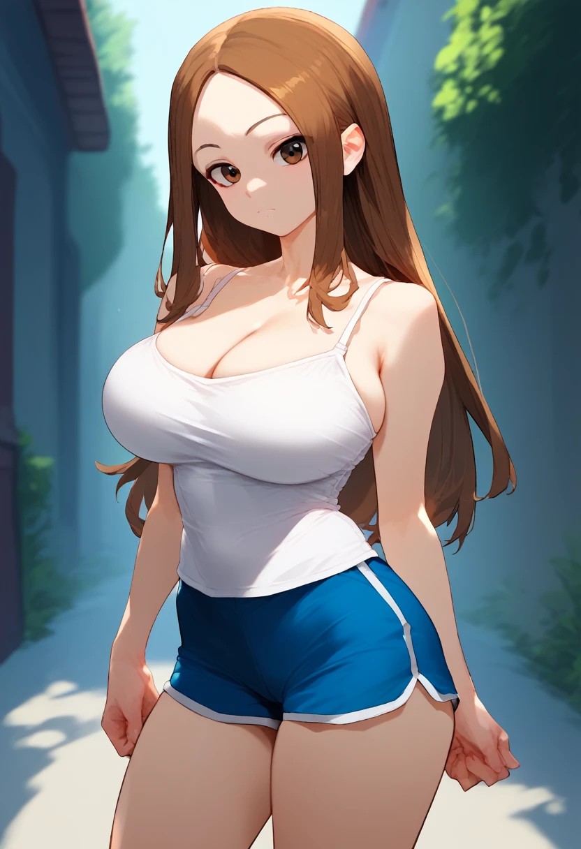 score_9, score_8_up, score_7_up, 1girl, Alone,  Takagi, brown hair, brown eyes, long hair,  white camisole,   shorts、huge breast、 and I can see my whole body