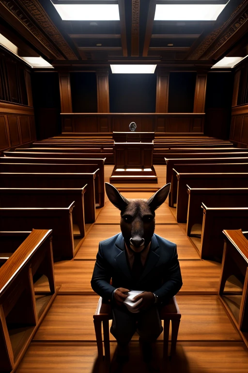 a courtroom full of muscular kangaroos wearing thick diapers, detailed fur texture,extremely detailed anatomy, realistic lighting, dramatic composition, cinematic lighting, hyper detailed, cinematic camera angle, high quality, 8k, photorealistic, chiaroscuro lighting, moody lighting, dramatic shadows, intricate details, high resolution, digital art, illustration, concept art