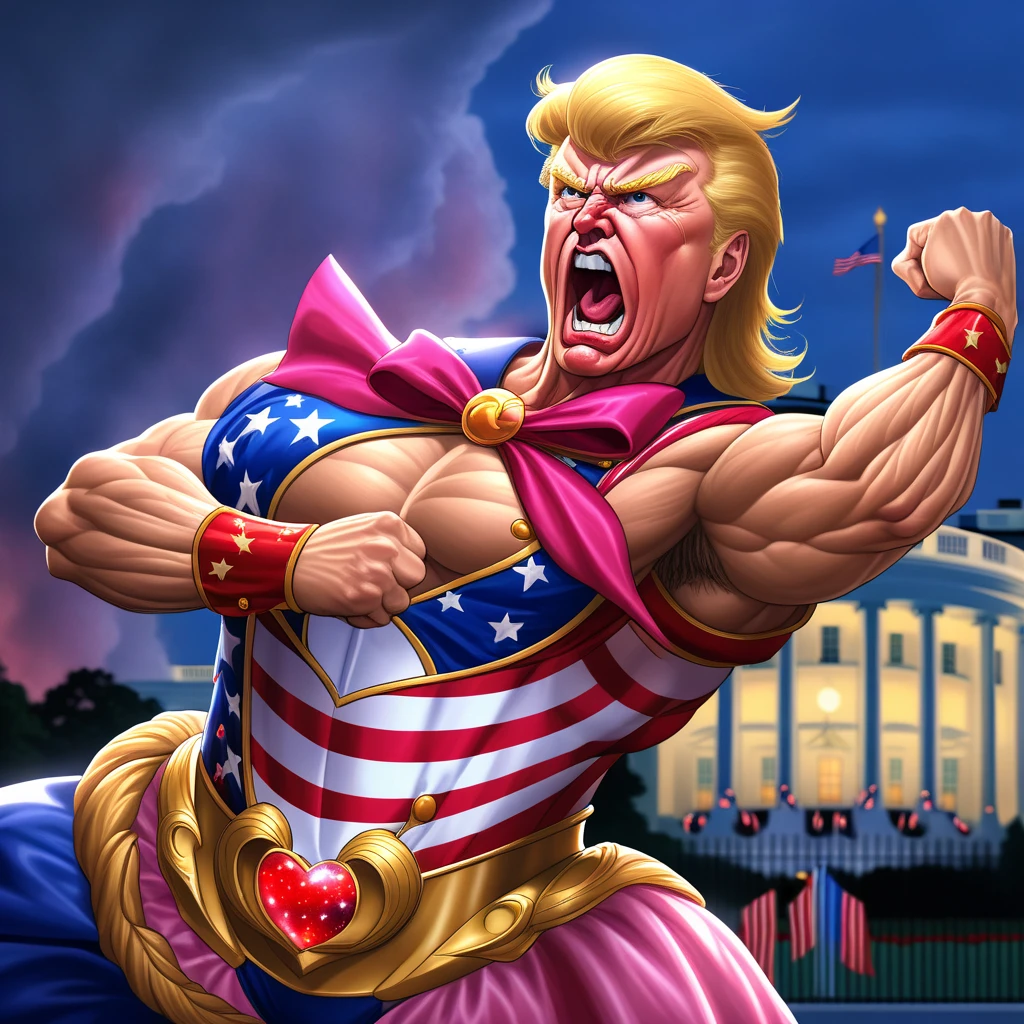 A muscular Donald Trump with blonde hair undergoing a magical girl transformation into Sailor Moon, dramatically saving the American flag while shouting "MAGA!" outside the White House, highly detailed, photorealistic, cinematic lighting, vibrant colors, dynamic action pose
