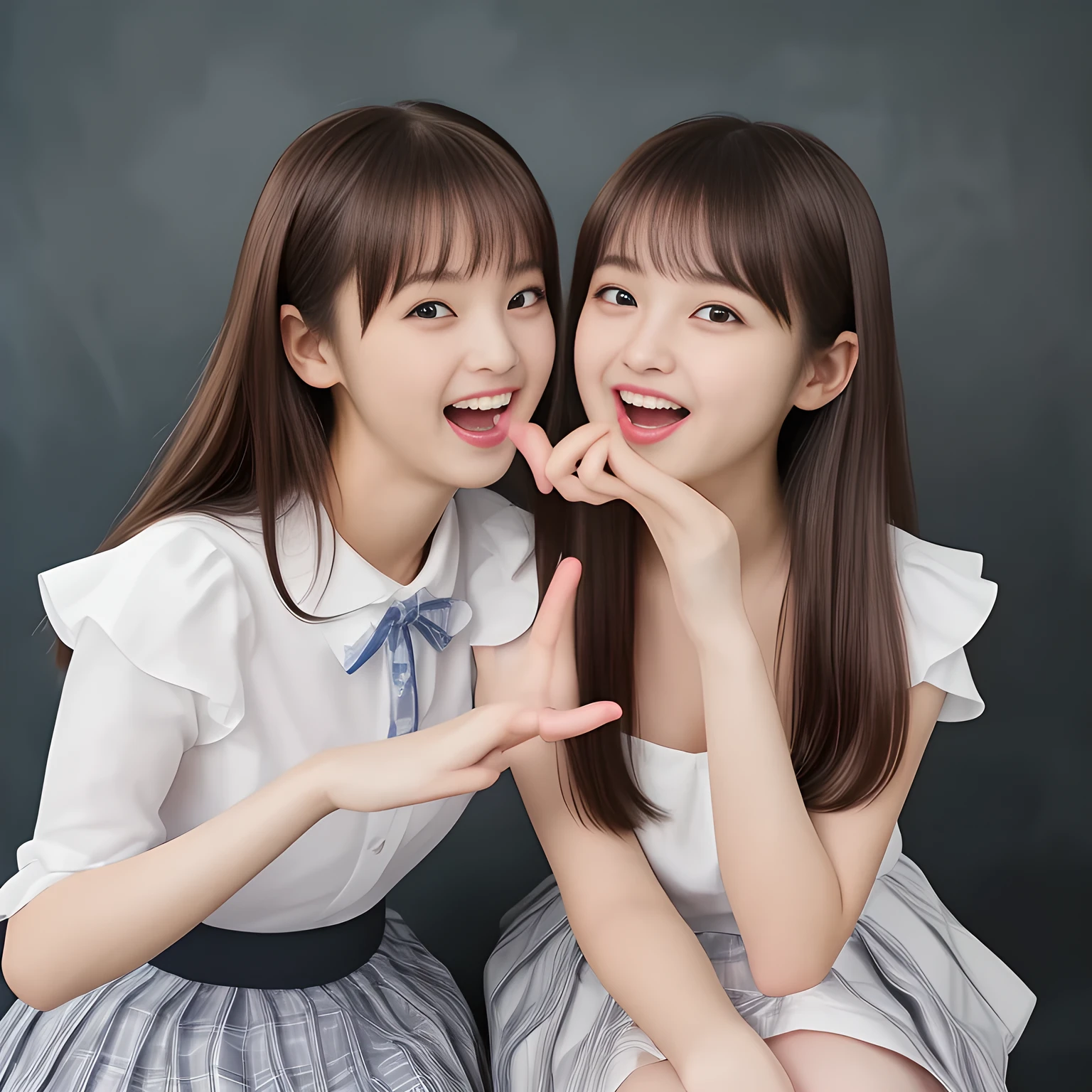 (Highest quality, masterpiece:1.2), Highest quality, High resolution, 1080P, 8k, height: 158cm, (Two **** Japanese beautiful girl idols are seated and giving subliminal invitation and temptation to eroticism, cute skirt with beautiful knees, looking at the viewer, can't stop showing cute smile open mouth because of feeling too funny about the viewer, very white-white face, very proud of her long straight black hair, using face-whitening cosmetics, **** girl's prominent eyes, opened laughing giggling most open mouth, too expensive luxurious glossy too-much-girly erotic frilled ivory silk blouse, woolen navy-checkered large-box-pleats school-skirt and bewitching ribbon on the breast, well-straitened super-super-long well-trimmed long hair, evenly neatly trimmed girly cute bangs: 1.5), (white thighs and knees: 1.7), (Well-balanced, impressive, lovely, drooping, double-eyelids, black shining large prominent eyes of **** idol with detailed: 1.5), ((Beautiful well-figured glossy opened laughing lips: 1.2)), (mature breast), (The viewer can't stop madly kissing them because of her beauty and subliminal strong invitation), (Very beautiful, super-glossy, cute neat black amazingly long hair, straight well-done long hair-style: 1.3), (plain blue background: 1.6), (Best style like a **** fashion model, mature breast), (((Completely balanced beautiful big big eyes, looking at me))), (eyes, face and hair are especially beautifully detailed and beautifully drawn: 1.5),  (The soft white light clearly shows her face extremely white: 1.2), (Feel too luxurious and expensive), (School uniform, too-cute slender **** super-long-hair Japanese beautiful-young-girl idol twins, Super long hair **** super-beautiful super-cute **** idol of pure girls photo magazine in Japan are laughing and licking the other's hand each other with super-wide open open laughing mouth like eating the viewer: 2.1)