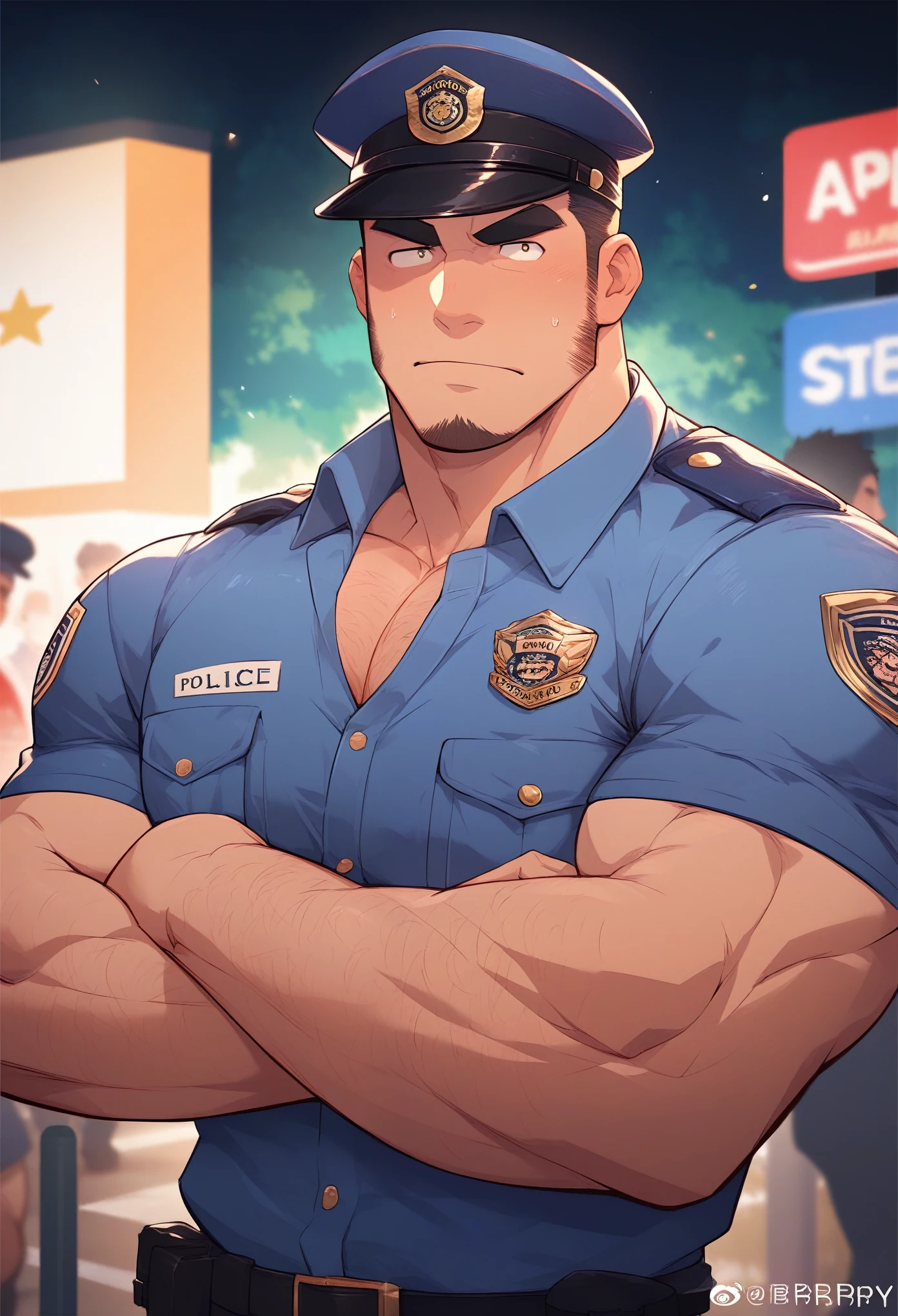 Masterpiece, best quality, male, short hair, muscular, beefy, thick eyebrows, hairy, police officer, park at night, police stop, suspicious person wearing hat