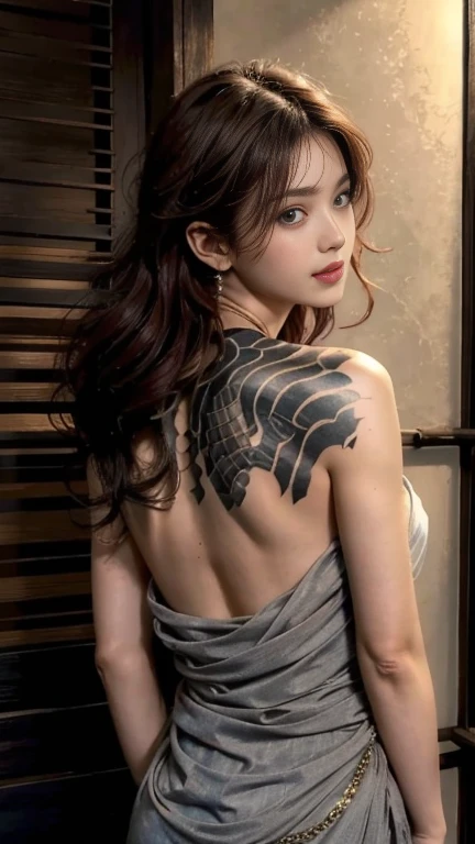 ( best quality, Hi-Res:1.2), (Realistic:1.4), Low Angle Portrait ,  close, View from behind,  Yakuza Girl Soaking in Hot Springs , Viewers, detailed face ,  Beautiful and Exquisite Gray-Blue Eyes Subtle shadows on the face partially tied behind  ,  beautiful, detailed lips , charming smile , well-groomed eyebrows , Long eyelashes, Perfect Lovely Face 、Soft Skin、 perfect face, Beautiful Skin ,Natural blush, Slim Body Pose ,  exposed shoulder , Detailed All Over Her Back 、 Brilliant Tattoos , Elegant and Intricate Jewelry , Gentle Necklaces and Earrings ,  Traditional Hair Accessories  ,  Red Hair with Bangs ,Shining Jewels, Soft and Perfect Makeup , Soft, Natural Lighting , の背後に部分的に結びついている顔の微妙な影,Shiny vibrant colors,Realistic rendering,  photon mapping ,  Fog and Dramatic Ambience 