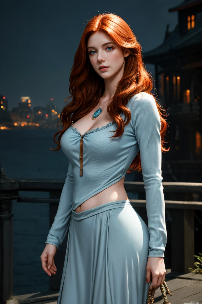 Bryce Dallas Howard as a beautiful pale woman in a light blue slit dress, Mangas compridas, roupas estilo grego, Transparent view, cabelos loiro e muito longos soltos ao vento, sensitive facial expression looking at the camera, Arquitetura grega como pano de fundo, Beautiful face looking at the camera, body curvy, Romantic outdoor scene