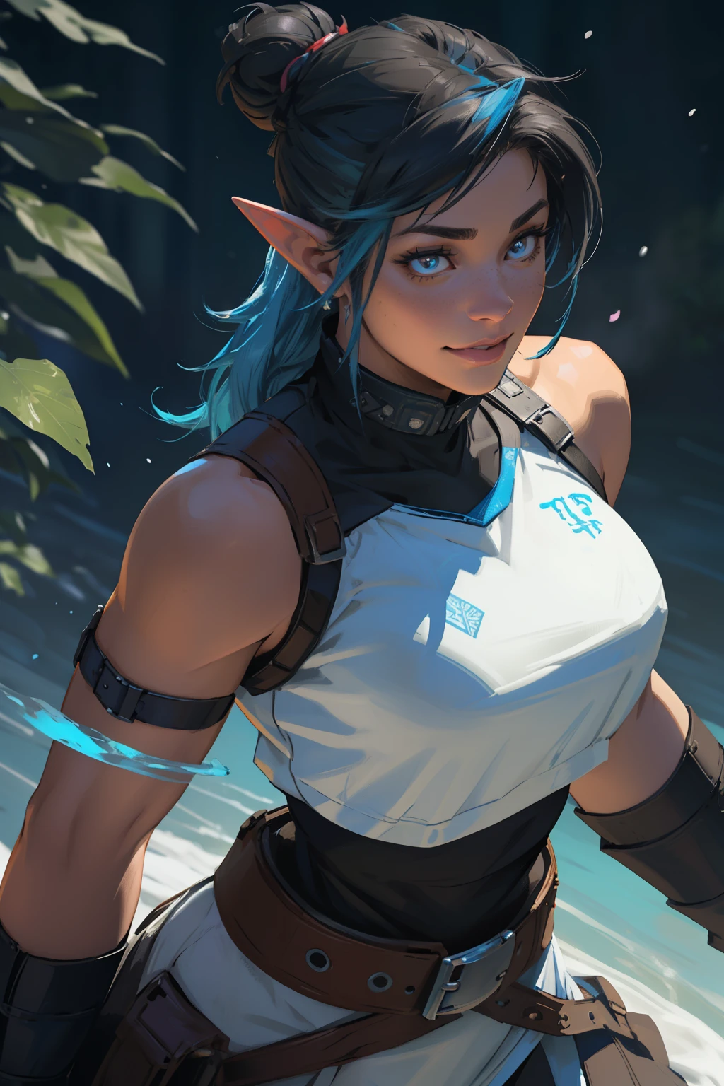 Korra da avatar,(best quality, 4K,8k,high resolution,work of art:1.2)(weather: showing), tundra background, artic village, wide hips, long curly hair, brown hair, freckles, sleeveless crop top, fur belt, bodycon winter skirt, leggings, winter boots, elbow long gloves, light makeup, dark eyeliner, blush, flirting pose, earrings, glowing eyes, ultra detailed, portrait, realistic, beautiful detailed blue eyes, beautiful detailed lips, extremely detailed eye and face, long eyelashes,average, large breasts, flying hair, beaming smile, sexy smile, powerful girl, bright coloured, dramatic lighting, blue flames, a beautiful elf girl training, short brown hair, double bun hairstyle, blunt bangs, blue eyes, hair ornament, detailed face, elegant pose, mystical forest background, cinematic lighting, (best quality,4k,8k,highres,masterpiece:1.2),ultra-detailed,(realistic,photorealistic,photo-realistic:1.37),fantasy,concept art there is a woman with blue hair taking a selfie, short blue hair, with blue hair, blue short hair, short blue hair!!!, messy blue hair, halfbody headshot, blue hairs, blue hair, short blue haired woman, chloe price, sky blue highlights in hair, cyberpunk dyed haircut, flowing blue hair, brown hair with light blue ends, blue and black, LAUFEN, SHORT HAIR, DOUBLE BUN, BLUNT BANGS,