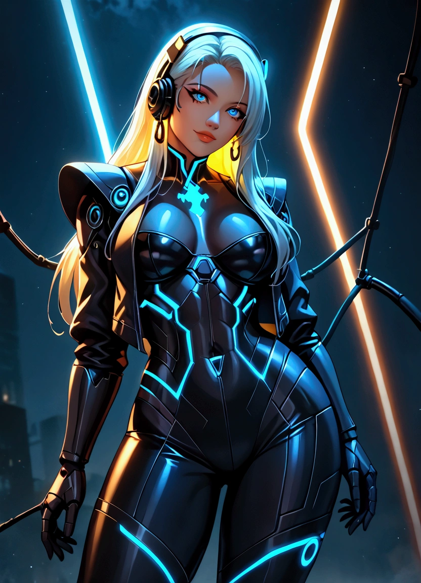 A stunning, ultra-high-resolution depiction of a futuristic, cyberpunk-themed virtual nun, designed with a perfect blend of neon-lit charisma and hyper-realistic digital detail. She stands confidently on a high-tech stage, surrounded by a maze of holographic billboards, electric wires, and glowing advertisements in vibrant shades of neon blue, magenta, and electric green. The polished, metallic surface of the stage reflects the chaotic brilliance of the lights, immersing the scene in a kaleidoscope of color. Her outfit is a striking, cybernetic ensemble: a sleek, form-fitting jacket with glowing circuit patterns, paired with high-tech leggings embedded with pulsing LED strips. Her boots are reinforced with metallic plating, flashing digital symbols with every step. Metallic shoulder pads, adorned with neon accents, frame her sharp, confident stance. Her long hair flows in a mesmerizing gradient from electric blue to hot pink, styled with glowing fiber-optic strands that pulse to the rhythm of her music. Her eyes, augmented with cybernetic implants, emit a digital glow, and her makeup features reflective chrome accents and a touch of neon glitter, adding a futuristic edge. Over her head are stylish, translucent visors with holographic displays, flashing data in real-time. A pair of cybernetic headphones, adorned with neon lights, rests on her head, pulsating with the beat of her song. The stage is alive with digital energy: holographic graffiti floats in the air, neon sparks flicker from exposed wires, and virtual koi fish swim through glowing streams of data. Massive holographic screens flash images of towering neon cityscapes and cascading binary code, synchronized with the pulsating electronic music. The sky above is dark and stormy, lit up by erratic flashes of neon lightning, casting sharp shadows and illuminating her figure in bursts of electric light.