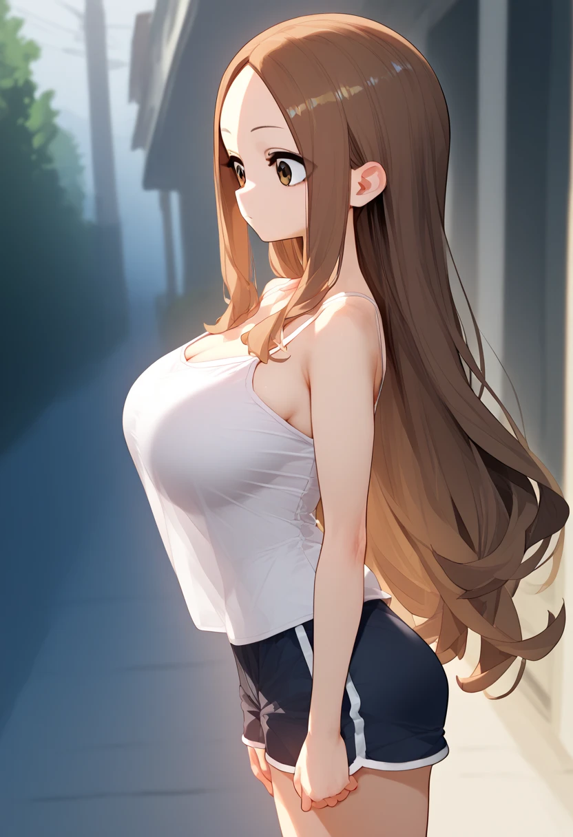 、takagi-san、score_9, score_8_up, score_7_up, 1girl, Alone, Takagi, brown hair, brown eyes, long hair,  camisole 、 shorts、huge breast
、 short stature 、 is short、Loli Big Tits、
{Highest quality}, {so beautiful}, {Very detailed}, {Best illustrations},Life、slim:1.5、Are standing、From the side、Shimo Kaho 