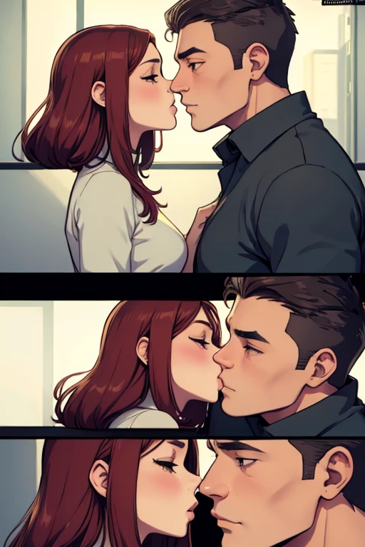 best quality, masterpiece, nerdy young man with blond hair wearing glasses, shouting out, blushing, laying down on table, mating press, anal sex with a fat old man, grab breast, grab hair, cumshot, projectile cum, looking directly at each other, sexy, gay, homoerotic, in dark office, at night, ambient lighting, extremely dramatic shadows, side view, perfection, no watermark, no logo, no signature