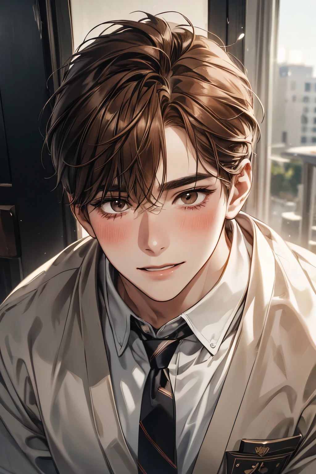 1male, modern school, smile with eyes, giggle, blush, brown hair, brown eyes,modern school uniform, neckties, highschool student, school background, japanese school, (masterpiece:1.21),(bestquality:1.21),8k,high detailed,ultra-detailed,photography,award winning,documentary,Original Photo,Realisticity,solo,physically-based rendering,depth of field,(low saturation:1.3),(1boy;1.4:1.1),a male,silm,Real Skin Texture,White Marble Glowing Skin,model,thick eyebrows,model(random_color_clothing:1.45),(random stylish pose action:1.1), (look from bottom view shot)