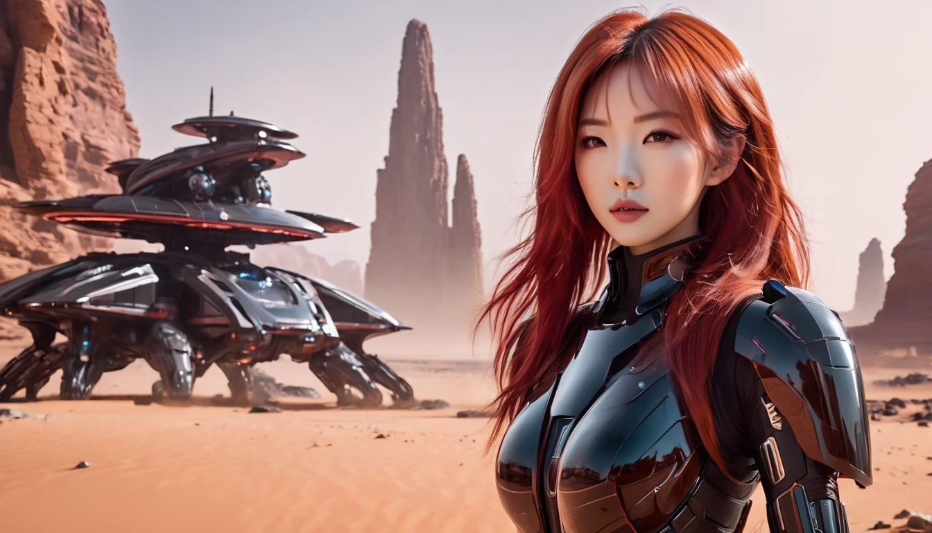 Create a futuristic sci-fi scene featuring a beautiful Korean woman with long, wavy red hair, big breast, dressed in sleek, black sci-fi armor with exposed breast, highlighting a mix of strength and elegance. She is walking facing camera on a rock formation in a desert-like alien landscape, with small river stream. In the background, there are futuristic building, outer space vehicle, Depict a futuristic human colony on Mars, adding a mysterious, ancient feel. The lighting is red like planet mars, Planet Mars lookalike, futuristic building, outer space vehicle, Depict a futuristic human colony on Mars.