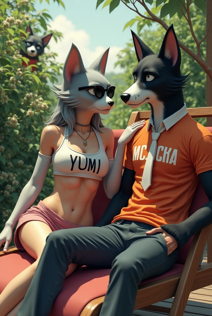 dans un style ultra réaliste hyperréaliste une femme anthropomorphe avec une tête de chat gris avec une corp de femme qui porte un haut court sur lequel est écrit en majuscule Yumi une mini-jupe des lunettes de soleil elle est allongée sur un transat sur une terrasse en bois et elle prend le soleil elle bronze, fume et bois du whisky avec un autre homme anthropomorphe avec une tête de chien noir type border collie mais tout noir il est élégant il porte une cravate blanche et un t-shirt sur lequel est écrit en majuscule "MC POSKA "They hug each other.et on voit en arrière-plan caché dans des buissons un homme antrepomorphe avec une tête de chat gris et un t-shirt orange sur lequel est écrit Tao il est jaloux