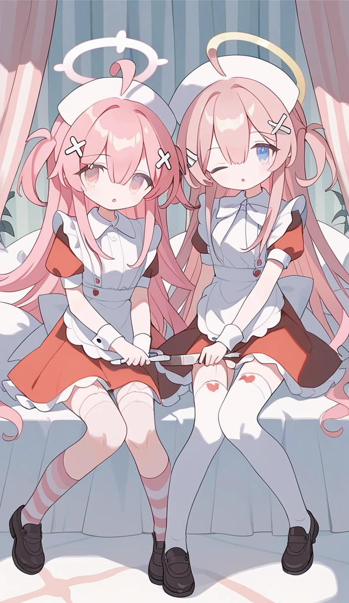 multiple girls,2girls,pink hair,short sleeves,hair ornament,apron,sitting,one eye closed,puffy short sleeves,holding,dress,puffy sleeves,bangs,thighhighs,long hair,ahoge,looking at viewer,red dress,white apron,wrist cuffs,socks,open mouth,pink dress,hair between eyes,frills,halo,hairclip,x hair ornament,frilled apron,curtains,indoors,sidelocks,parted lips,ribbon,nurse cap,bow,kneehighs,striped,wariza,white bow,shoes,score_9,score_8_up,score_7_up,Expressiveh,rating_safe,(masterpiece, best quality)