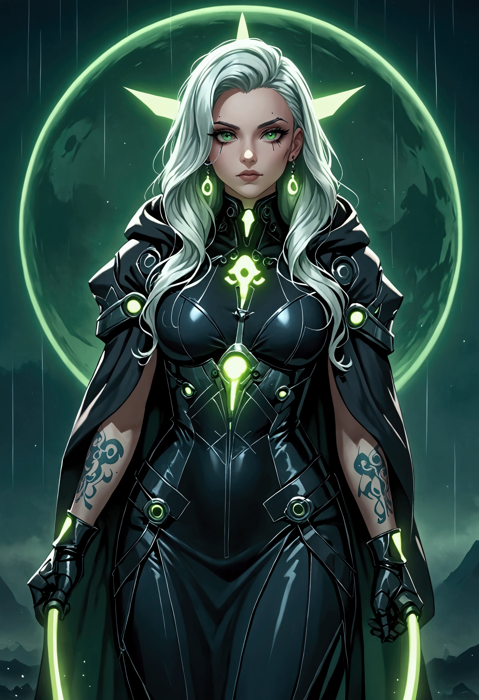 A dark, cyber-fantasy character standing powerfully in a shadowy urban landscape. She is a fierce, ethereal warrior, draped in a flowing black hooded cloak adorned with intricate silver chains and skull emblems, emitting an otherworldly neon green glow. Her long, silken white hair flows gracefully from beneath the hood, illuminated by the eerie light. Her piercing, luminescent green eyes exude both mystery and strength, and she holds an ominous, futuristic scythe that hums with energy, accented by the same glowing green patterns.

Her leather gauntlets, stitched with cryptic runes, shine subtly, and her tactical belts are fastened with precision, holding mysterious trinkets and charms. Tattoos with arcane designs spiral around her arms, shimmering faintly as if imbued with magic. The background features a blurred, cyberpunk cityscape, with glowing neon signs and mist drifting through the air, heightening the atmosphere. Rain-slicked metallic surfaces reflect the neon lights, adding to the moody and powerful presence of the scene. Every element is highly detailed, ultra-realistic, and soaked in a hauntingly beautiful, dark sci-fi aesthetic.