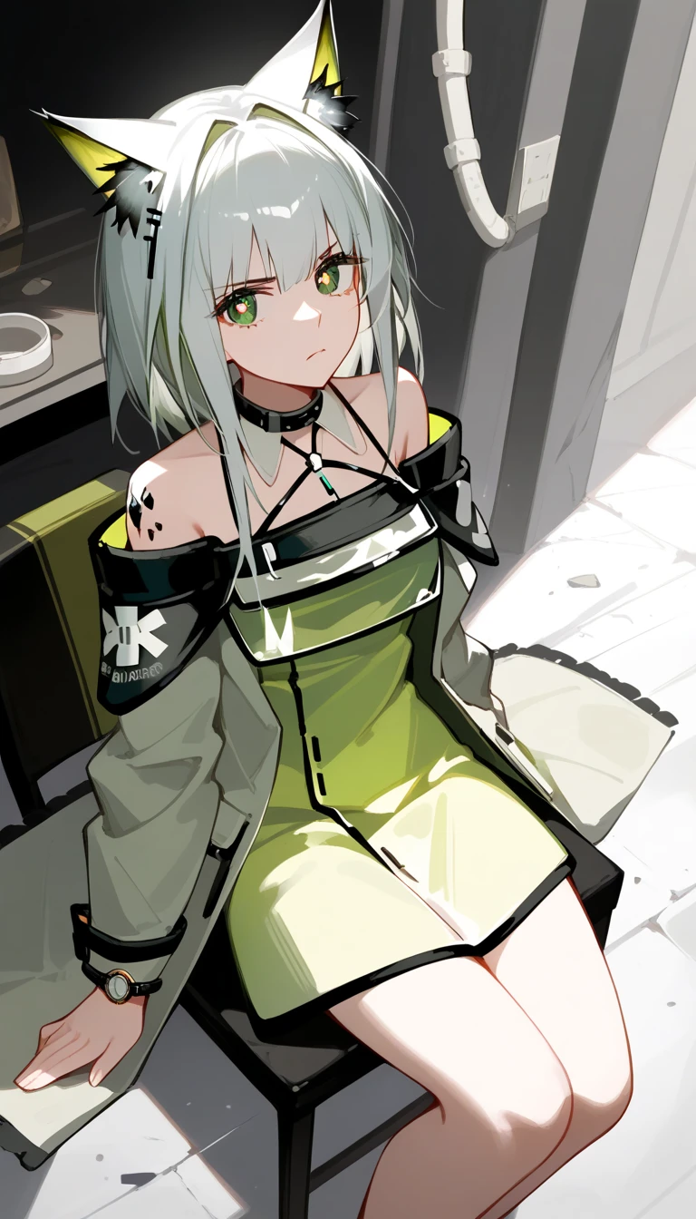 ( score_9, score_8_up, score_7_up, score_6_up, score_5_up, score_4_up) woman,((kal'tsit))kal'tsit_\( arknights\), kal'tsit_\( arknights\),greenish gray hair 。 medium hair with high background。 pale yellow-green coat。Yellow cat ears。Yellow-green eyes。Golden pupil。 necklace 。first round。watch。 serious expressions。A concrete room 。 is sitting on a black chair。 close-up on the upper body 。Angle from above。 face up 。