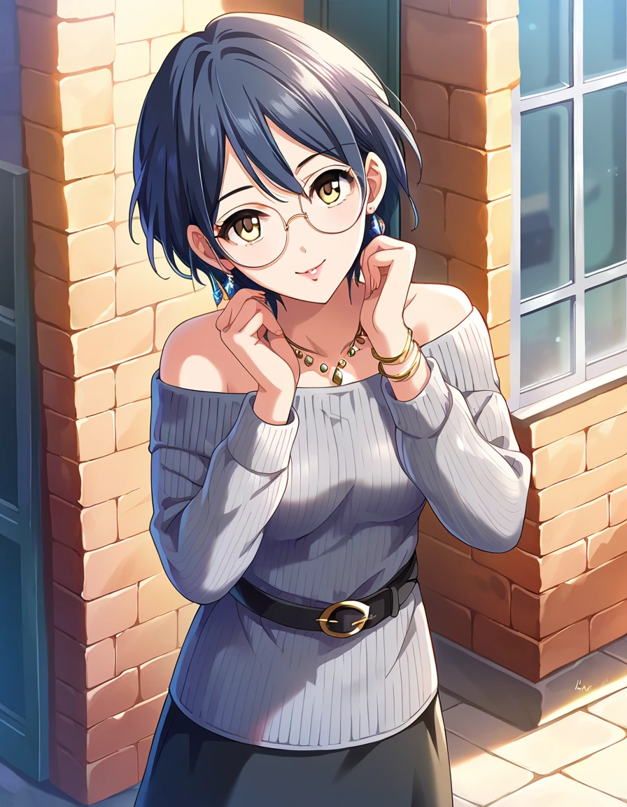  score_9,  score_8_up,  score_7_up, sauce_Anime,
 1 girl, Beautiful woman, Alone, Fob, Date,  Viewers, the above, smile, My cheeks on my hands,  Outdoor, street,  Building, boutique,  display window, day,  blue sky, day光, 
 Hymns,  short hair,  blue hair, Split bangs,  medium breasts,  yellow eyes,
lipstick,  Details Eyes ,  eyelash ,  eyeliner ,  jewelry,  necklace ,  Bracelets,  earrings for a woman alone, 
 casual dress, 
 round eyewear, 
 sweater dress,  off-shoulder セーター,  Grey Sweater,  bare shoulders,  off-shoulder ,   Long Sleeve ,  Sleeves Over Wrist , belt,  Black Knee-High, Absolute territory,