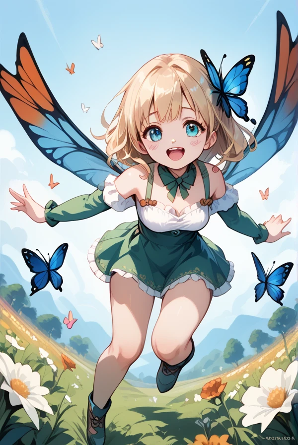 Butterfly woman, cute, scary, monster, flying around the flower field, scattering scales