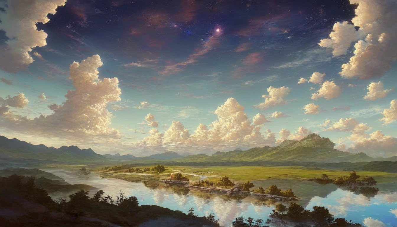 masterpiece, train running on water , Bright starry sky. Romantic Train, Makoto Shinkai&#39;s paintings, Pixiv,  Concept Art, Lofi Art style, reflection. Works by Makoto Xin Haicheng, Lofi Art,  beautiful anime scene, Anime Landscape, Detailed Landscape —Width 672, in Makoto Shinkai style, Makoto Shinkai style, Enhanced Details.