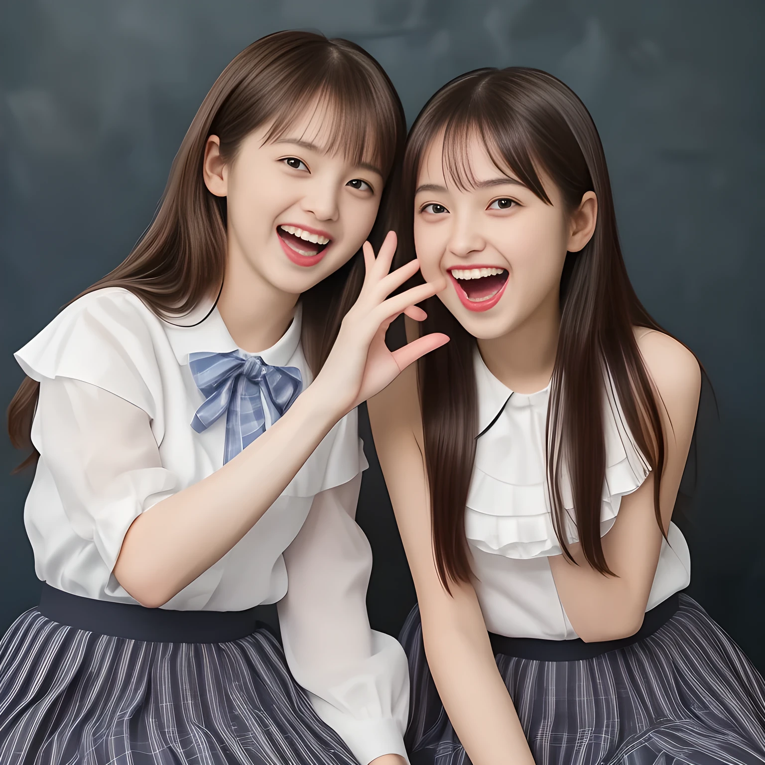 (Highest quality, masterpiece:1.2), Highest quality, High resolution, 1080P, 8k, height: 158cm, (Two yo Japanese beautiful girl idols are seated and giving subliminal invitation and temptation to eroticism, cute skirt with beautiful knees, looking at the viewer, can't stop showing cute smile open mouth because of feeling too funny about the viewer, very white-white face, very proud of her long straight black hair, using face-whitening cosmetics, 13 girl's prominent eyes, opened laughing giggling most open mouth, too expensive luxurious glossy too-much-girly erotic frilled ivory silk blouse, woolen navy-checkered large-box-pleats school-skirt and bewitching ribbon on the breast, well-straitened super-super-long well-trimmed long hair, evenly neatly trimmed girly cute bangs: 1.5), (white thighs and knees: 1.7), (Well-balanced, impressive, lovely, drooping, double-eyelids, black shining large prominent eyes of 13yodol with detailed: 1.5), ((Beautiful well-figured glossy opened laughing lips: 1.2)), (mature breast), (The viewer can't stop madly kissing them because of her beauty and subliminal strong invitation), (Very beautiful, super-glossy, cute neat black amazingly long hair, straight well-done long hair-style: 1.3), (plain blue background: 1.6), (Best style like a 14yo fhion model, mature breast), (((Completely balanced beautiful big big eyes, looking at me))), (eyes, face and hair are especially beautifully detailed and beautifully drawn: 1.5),  (The soft white light clearly shows her face extremely white: 1.2), (Feel too luxurious and expensive), (School uniform, too-cute slender 13yo super-long-hair Japanese beautiful-young-girl idol twins, Super long hair 13yo super-beautiful super-cute 13yo idol of pure girls photo magazine in Japan are laughing and licking the other's hand each other with super-wide open open laughing mouth like eating the viewer: 2.1)